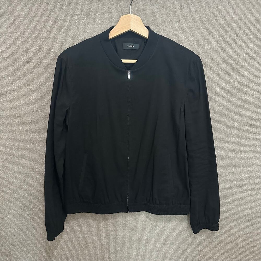 Theory Black Linen Blend Minimalist Zip Bomber Jacket Baharah Eco Crunch Large